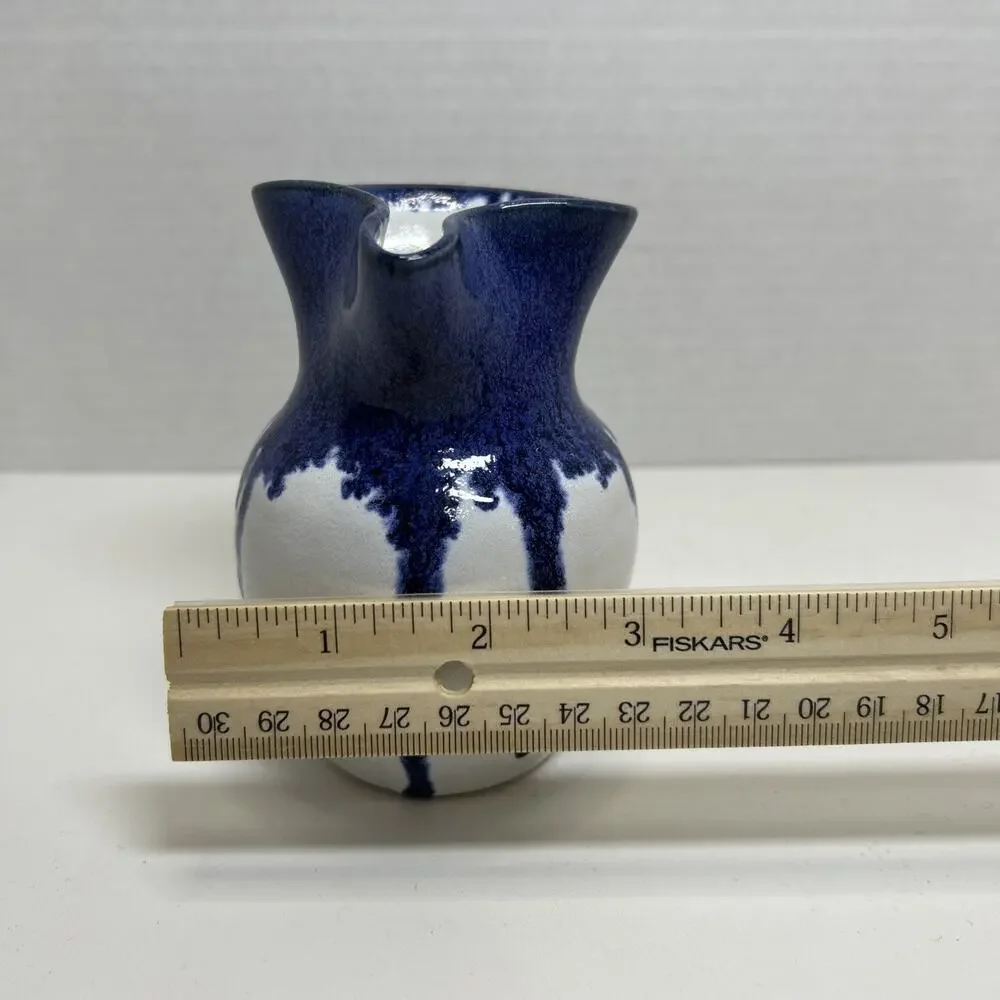 Vtg Holly Hill Pottery Seagrove NC Cream Pitcher Blue Drip Glaze Over White ARB